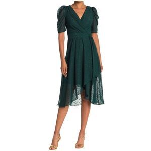 Tommy Hilfiger Dark Green Glitter Dot Faux Wrap Puff Sleeve Dress